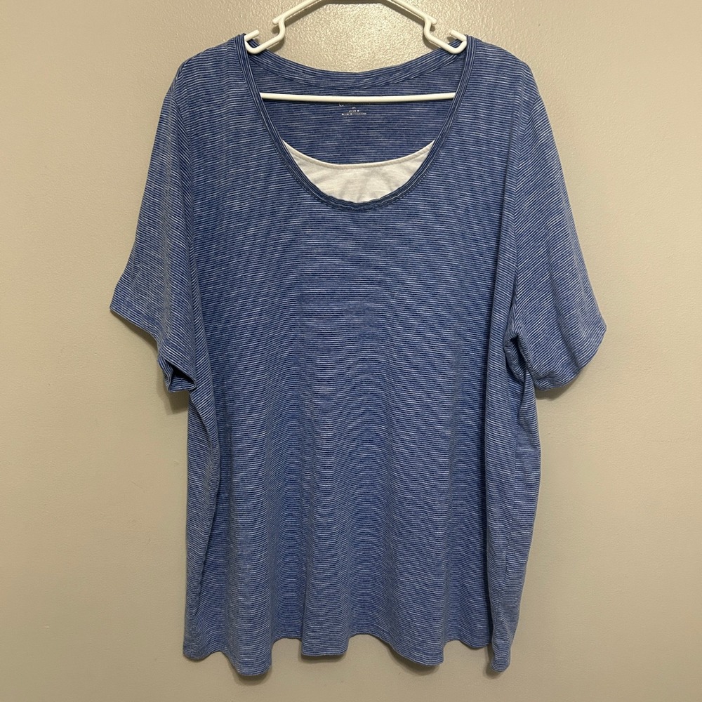Catherines Blouse 2X Blue White Stripe Layered Scoop Neck T-Shirt Preppy Coastal
